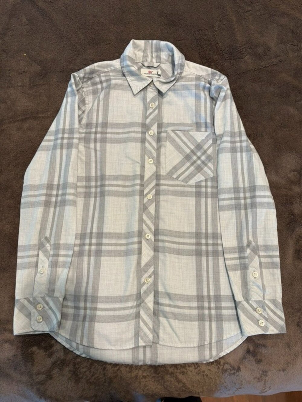 Vineyard Vines Gray & White Plaid Flannel Button Down Shirt - Relaxed Fit Size 0